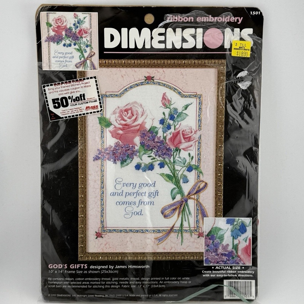 Dimensions Ribbon Embroidery Kit 1501 God's Gifts Flowers Verse 10" x 14" 1997 G